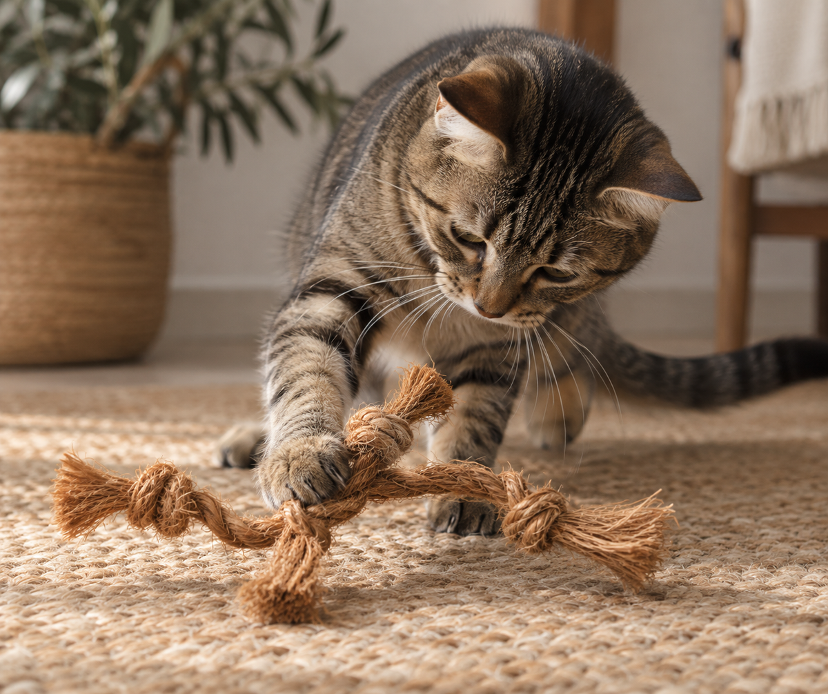 Cat playing with natural coconut coir enrichment toy