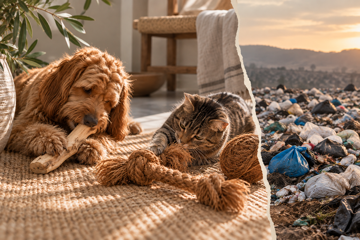 Natural dog and cat toys alongside a landfill, exploring pet product waste and sustainable materials in South Africa