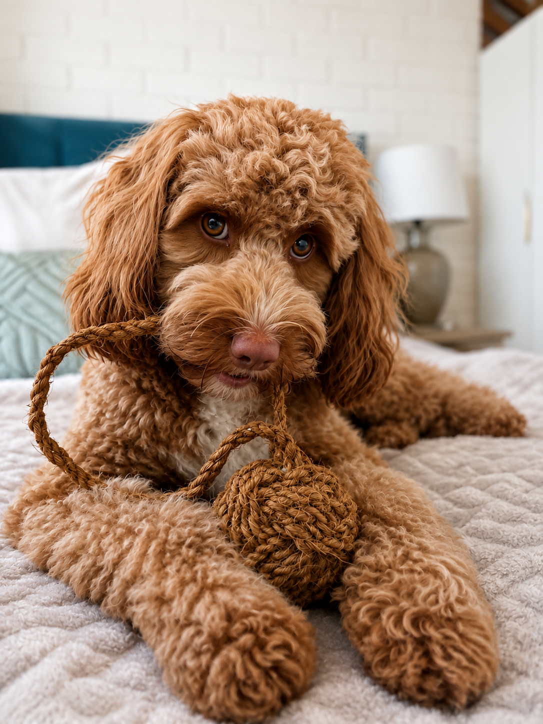 Dog relaxing at home with a natural woven toy
