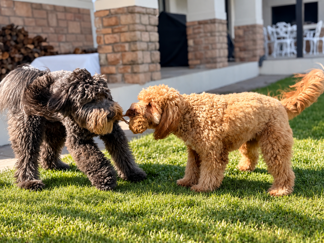 Two dogs playing together outdoors with a natural toy