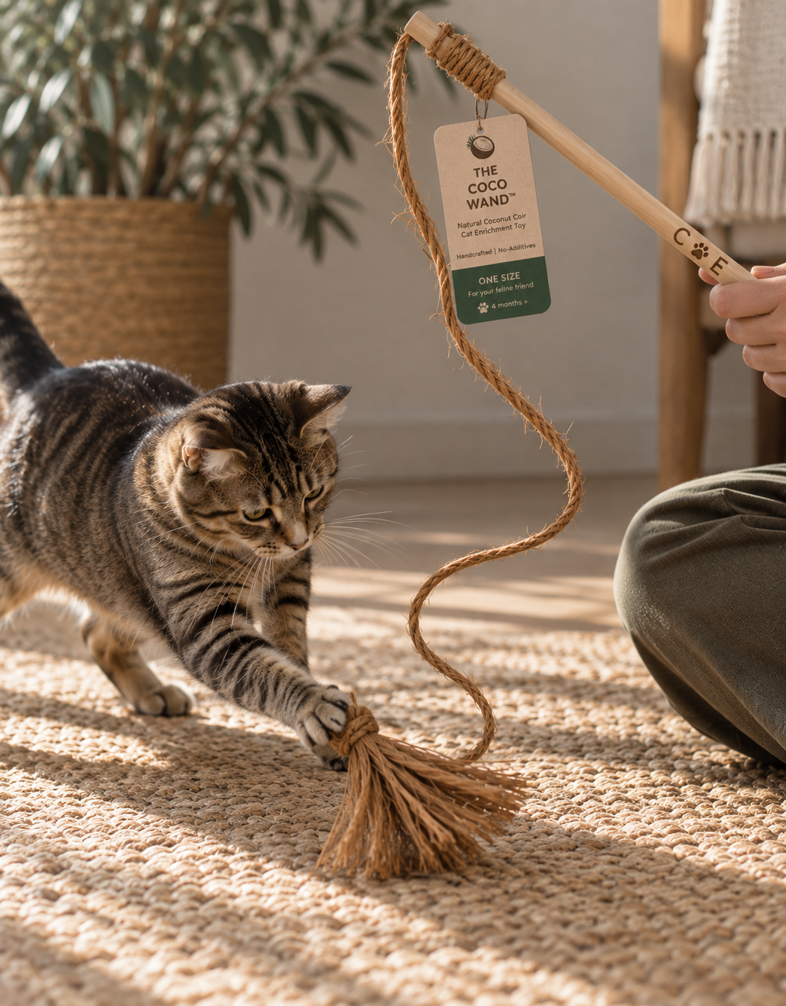 Cat interacting with The Coco Wand™ | natural coconut coir cat teaser toy