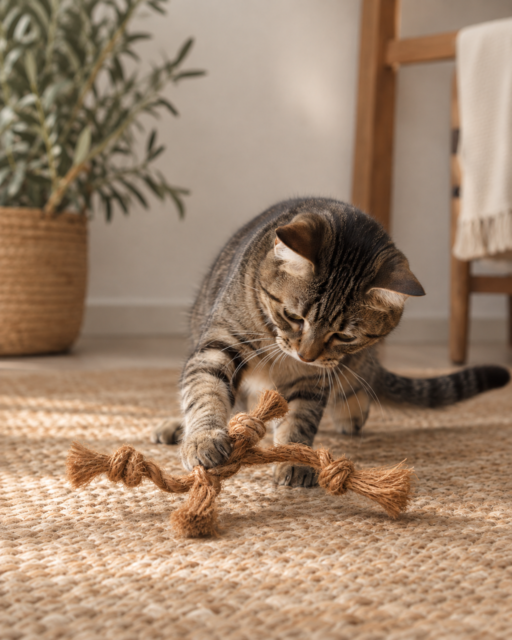 Cat playing with The Coco Twist™ | natural coconut husk cat enrichment toy