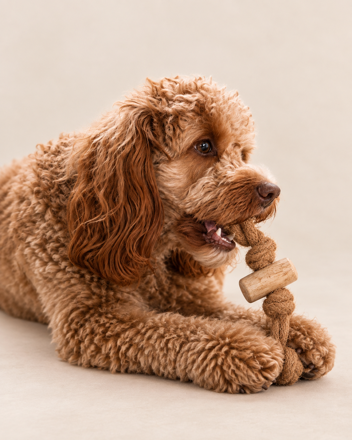 Dog playing with The Coco Chew™ | natural coconut coir and coffee wood toy