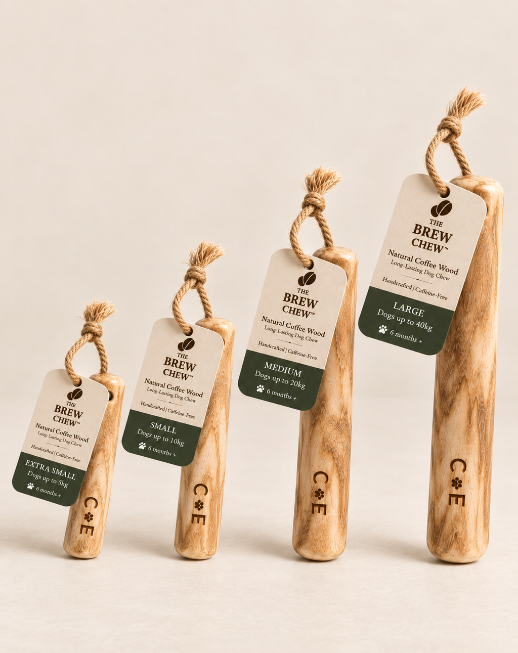Range of The Brew Chew™ | natural coffee wood dog chew in four sizes