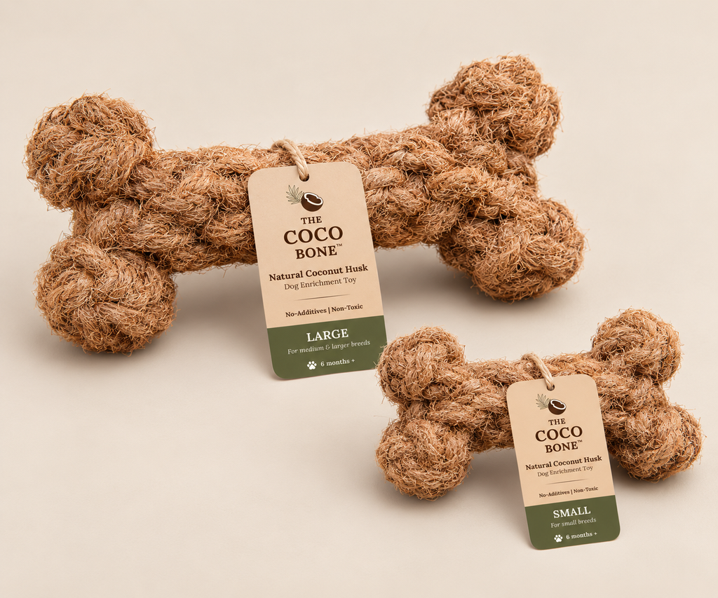 Range of The Coco Bone™ | natural coconut husk dog enrichment toy in two sizes