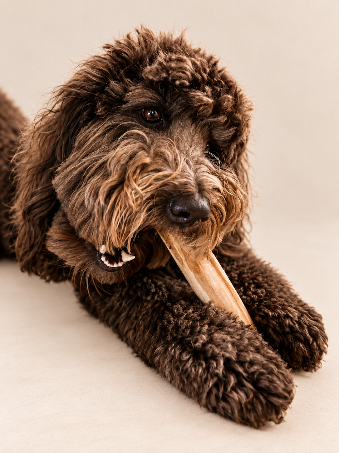 Dog chewing The Brew Chew™ | natural coffee wood dog chew 