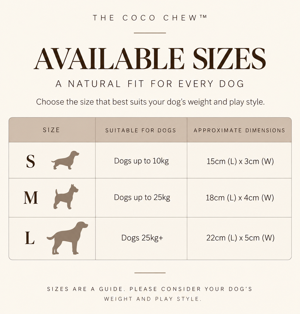 Size Chart of The Coco Chew™ | natural coffee wood and coconut husk dog toy, showing three sizes