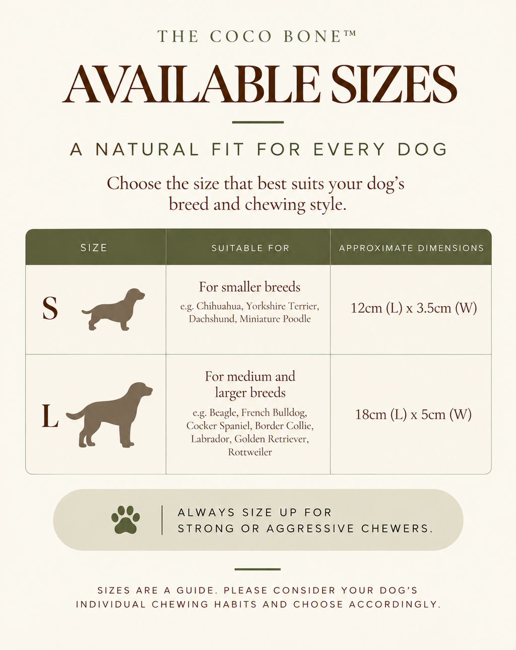 Size chart The Coco Bone™ dog enrichment toy showing small and large sizes