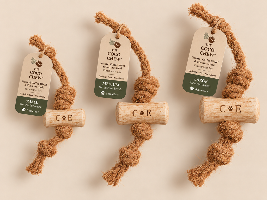 Product range of The Coco Chew™ | natural coconut coir and coffee wood dog toy in three sizes