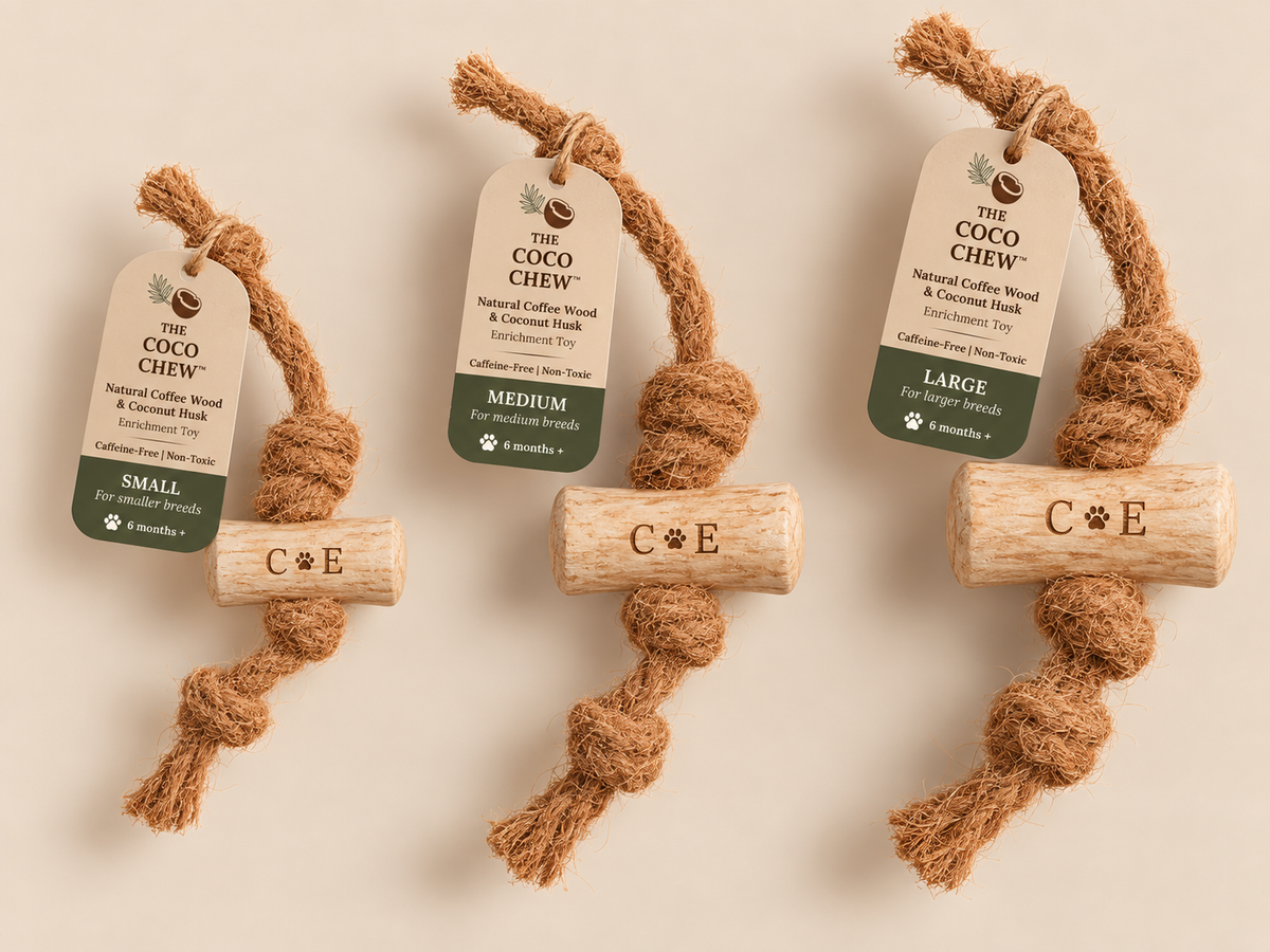 Product range of The Coco Chew™ | natural coconut coir and coffee wood dog toy in three sizes